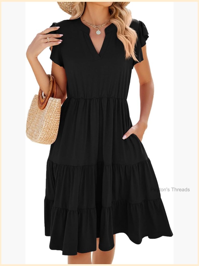Casual V-Neck Short Sleeve A-Line Maxi Dress With Pockets For Beach Vacation